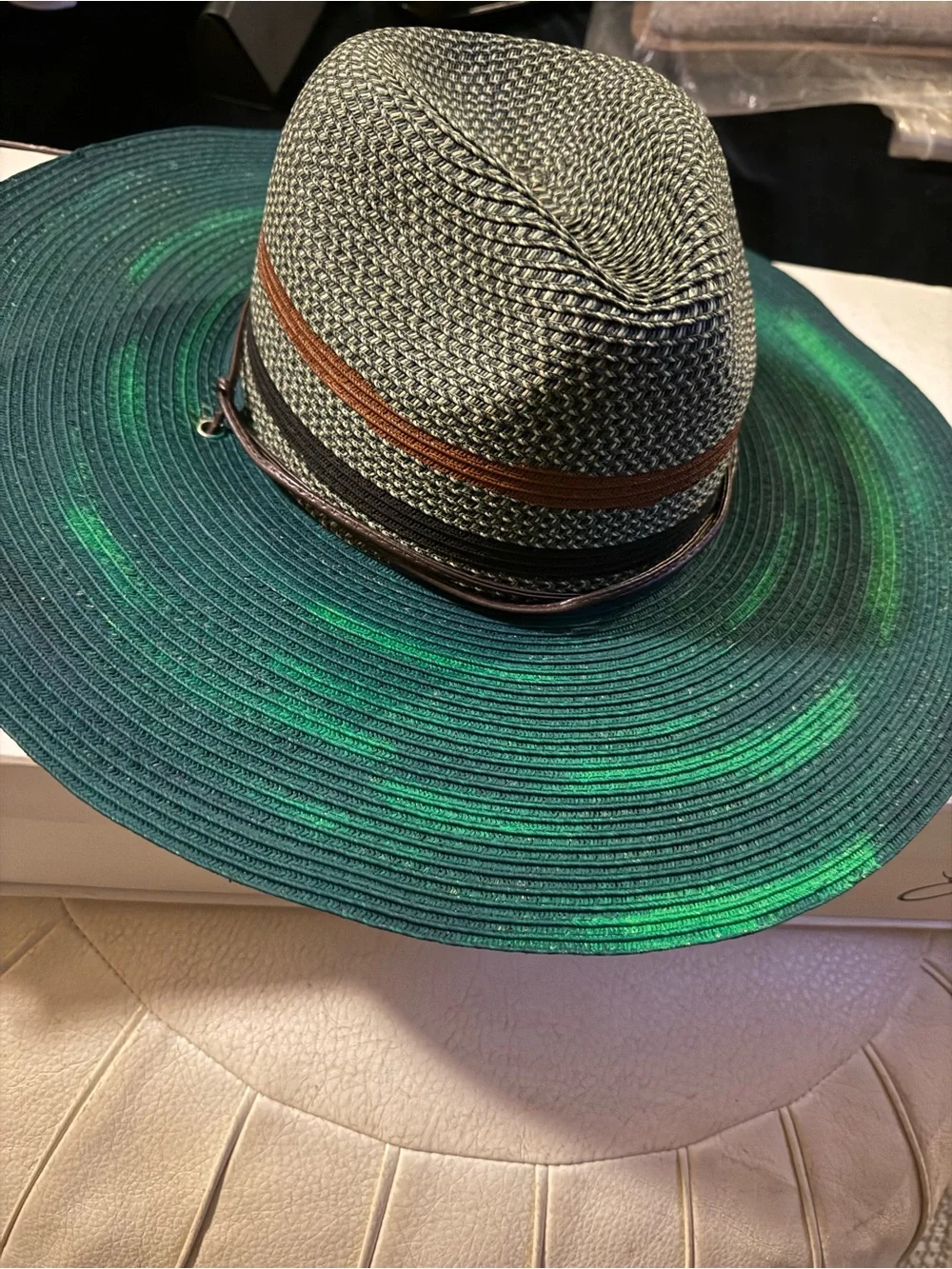 San Diego hand painted Wide-Brim Straw Fedora Hat - Green with Brown Trim